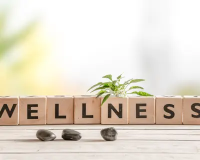 Wellness sign with wooden cubes and flowers and stones