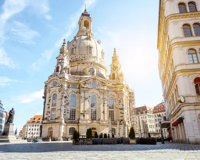View on the main city square with famous church of Our Lady during the sunrise in Dresden city, Germany