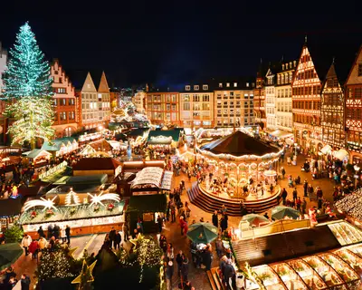 Christmas market on the Romans square in front of City Hall in Frankfurt, Germany