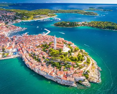Rovinj old town aerial panoramic view