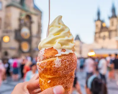 Chimney cake with ice cream in Prague,  Czech Republic