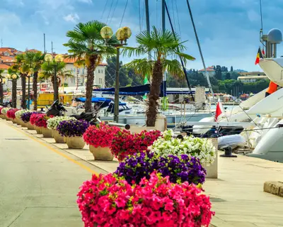 Beautiful spectacular walkway with luxury harbor on the Adriatic Sea,Porec,Istria,Croatia,Europe