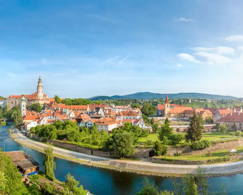 Panoramic view over the old Town of Cesky Krumlov, Czech Republic