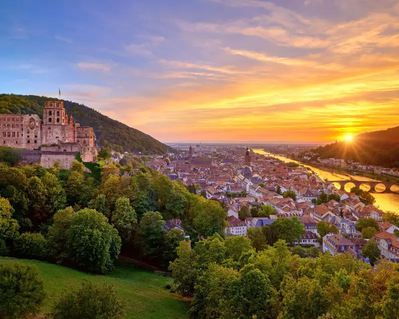 Magnificent aerial panoramic view of Heidelberg, Germany, at a spectacular sunset