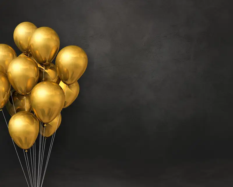 Gold balloons bunch on a black wall background. Horizontal banner. 3D illustration render