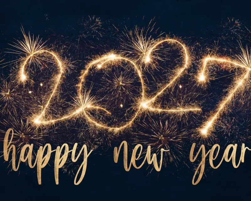 happy new year, new year's eve, silvester, new years eve, sparklers celebration greeting card, new year card - Year 2027 in sparkler font and firework fireworks pyrotechnic, blue night sky background